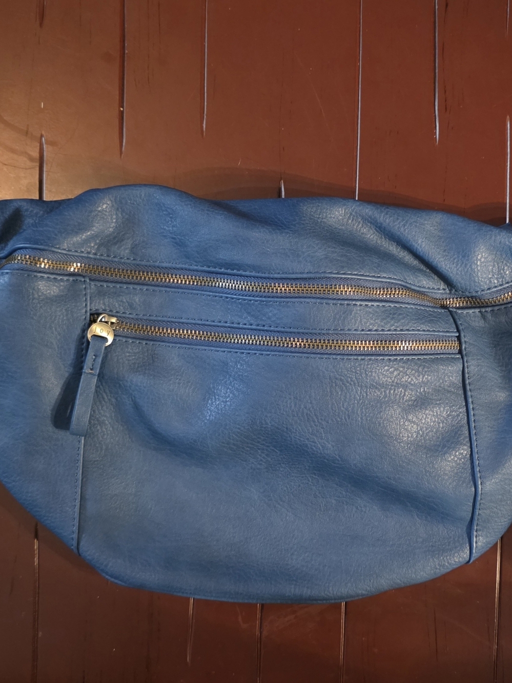 Blue Leather Crossbody/Fanny Pack with Gold Zippers